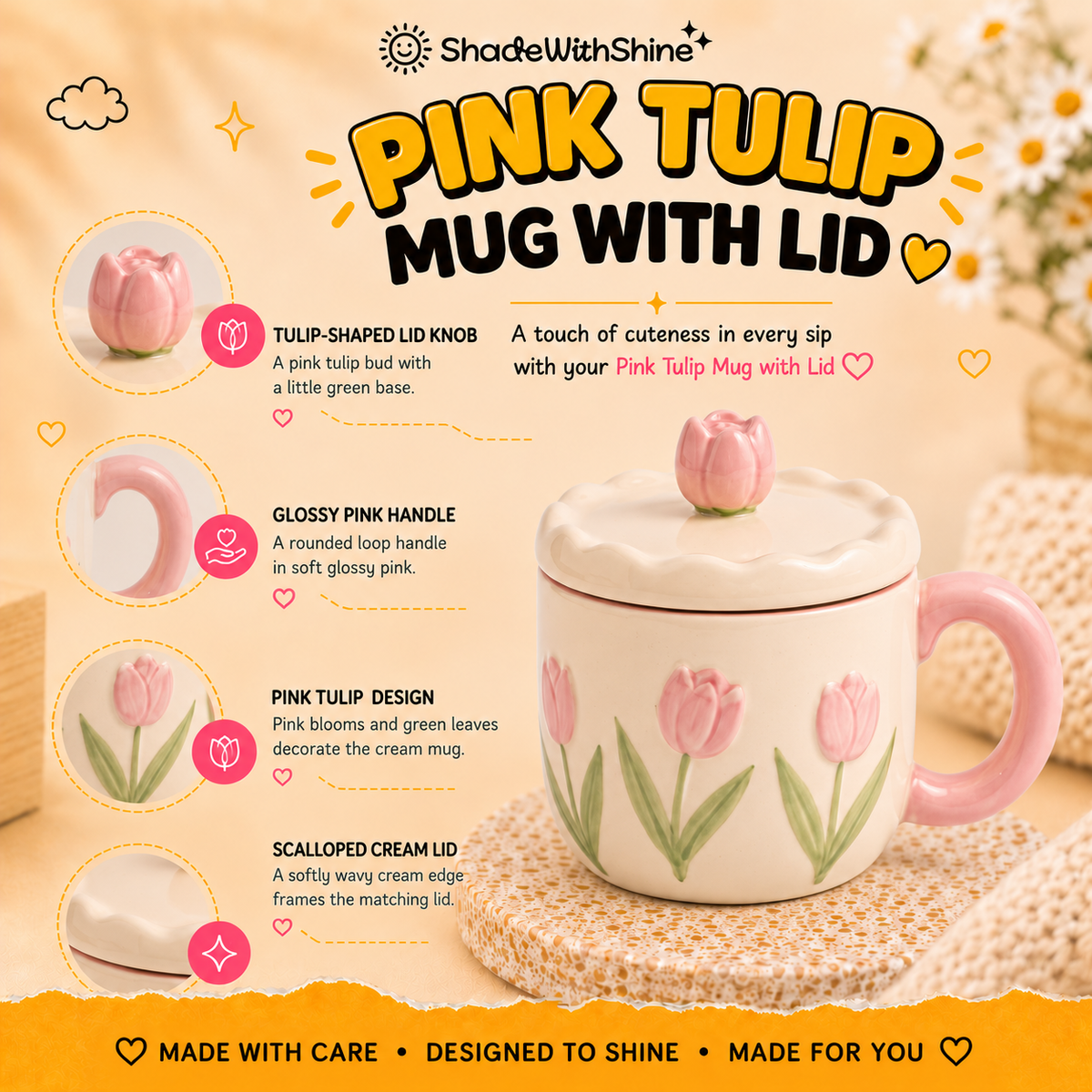 Pink Tulip Mug with Lid
