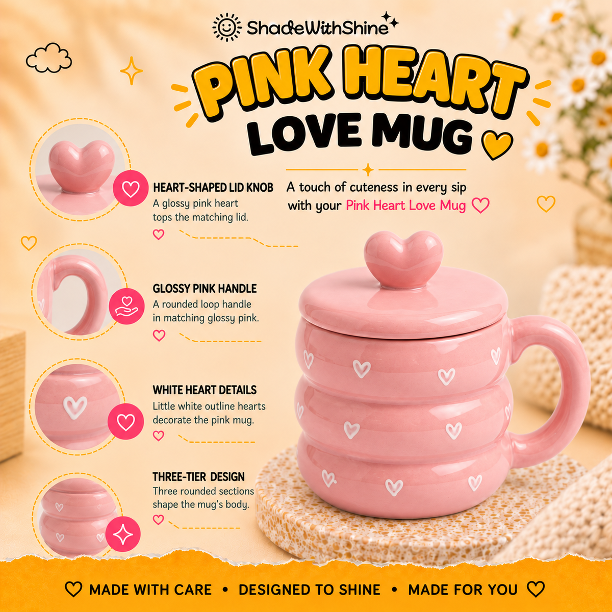 Pink Heart Love Mug with Lid