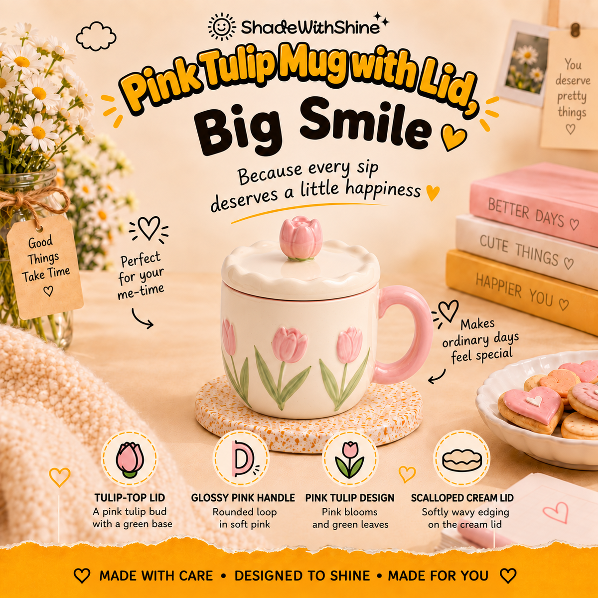 Pink Tulip Mug with Lid
