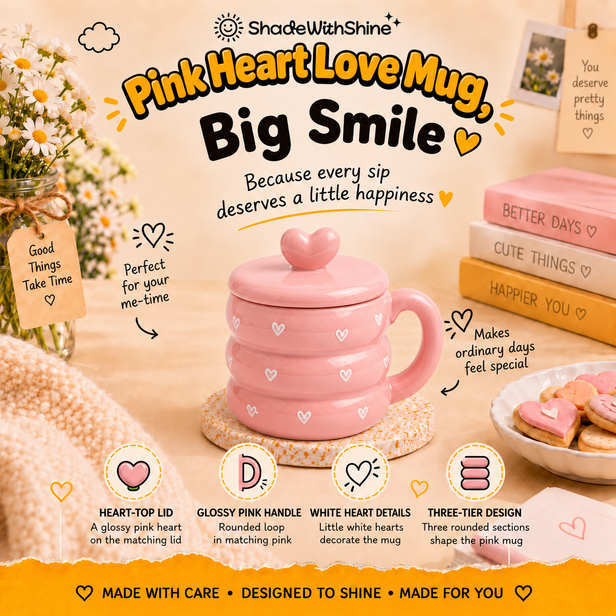 Pink Heart Love Mug with Lid